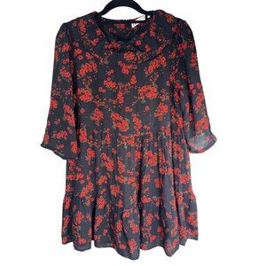 2/$30 ZARA Black & Red Medium Floral Print Tiered Mini Dress Ruffle Collar